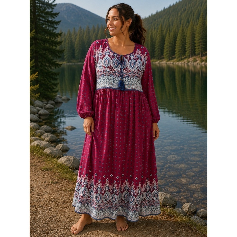 Womens Boho Peasant Rayon Midi Dress 1X Burgundy‎ Paisley Flowy Hippie Ethnic